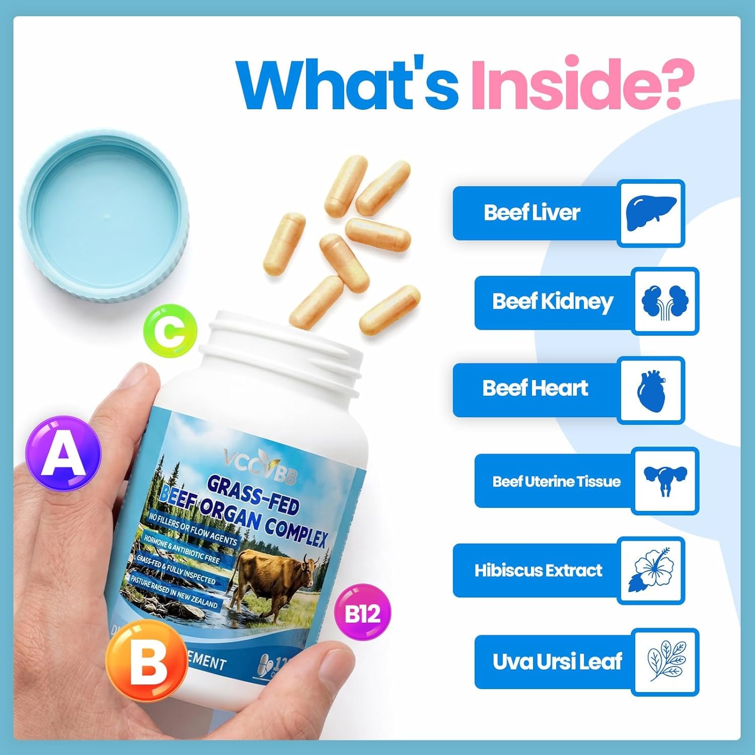 Beef Organ Supplements for Women, Beef Liver, Kidney, Heart, Uterus Tissue, Hormonal Balance, Immune Support,Natural Iron Vitamins Supplements for Energy, Grass Fed Pasture Raised 120 Capsules
