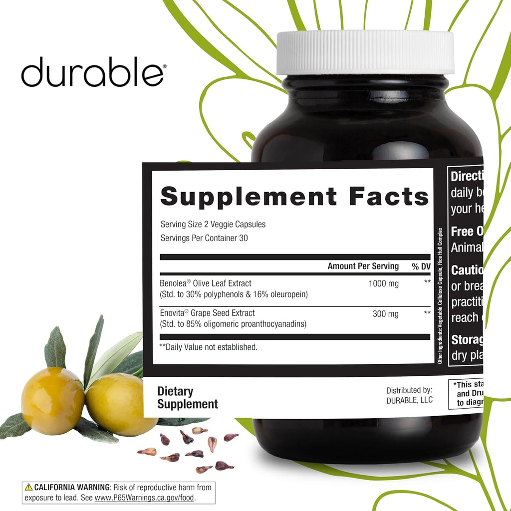 Durable Blood Pressure – Benolea Olive Leaf & Enovita Grape Seed Extract – Healthy Circulation, Nitric Oxide & Artery Support – Doctor Formulated, Vegan, Non-Gmo, Made in USA (60 Capsules)