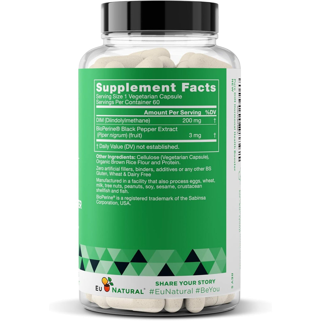 DIM Supplement Pure 200 Mg for Women or Men - Estrogen Hormone Balance Supplement for Energy, Fatigue, Stress, Menopause, Hot Flashes - Enhanced Bioavailability Bioperine - 60 Vegan Soft Capsules