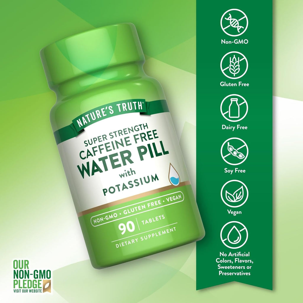 Nature'S Truth Super Strength Water Pill with Potassium | 90 Count | Caffeine Free | Vegan, Non-Gmo & Gluten Free