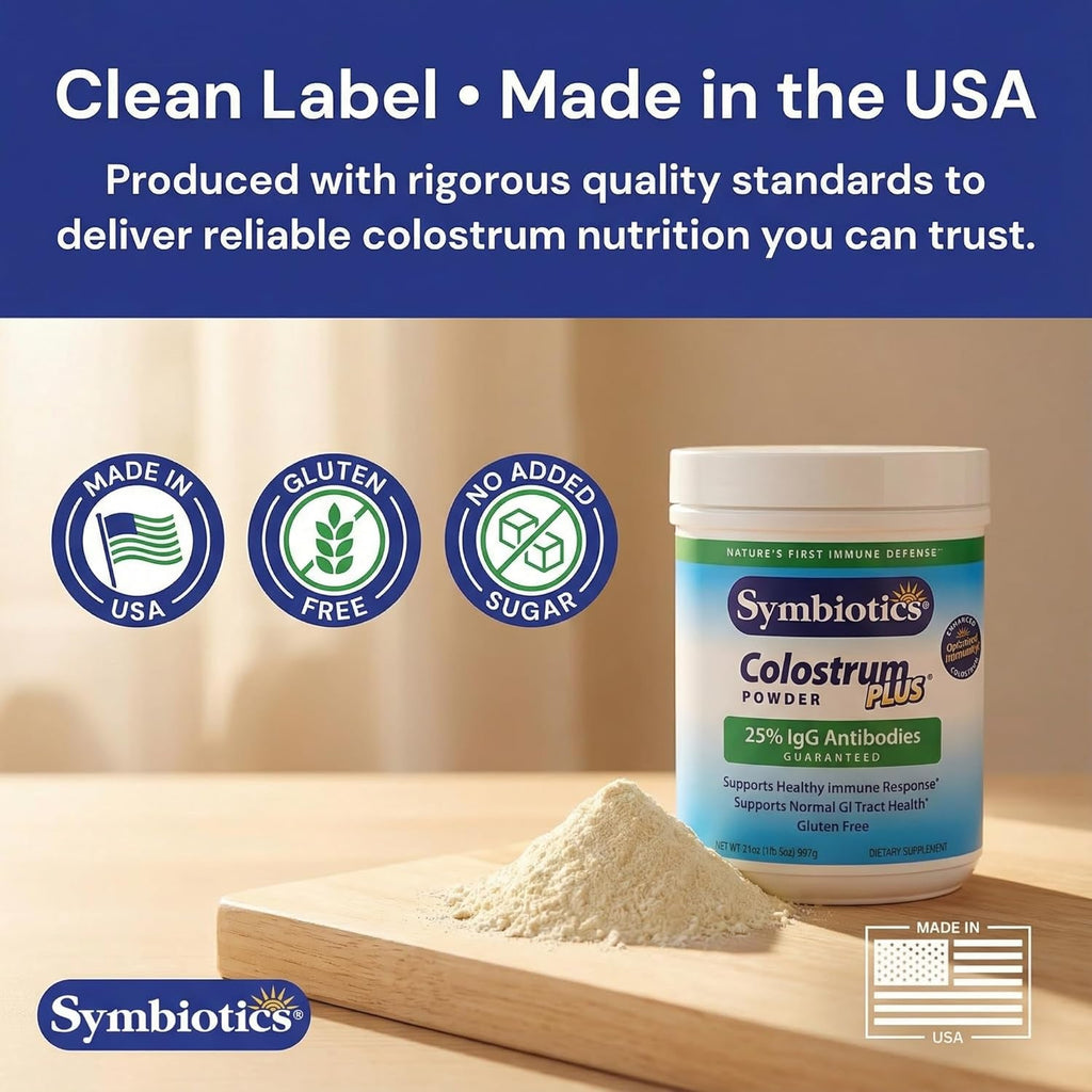 Symbiotics Colostrum plus Powder 21 Oz Immune & Muscle Recovery Support, 25% Igg Immunoglobulins, Gut Health & Training Resilience, Unflavored, Gluten Free - 21 Oz