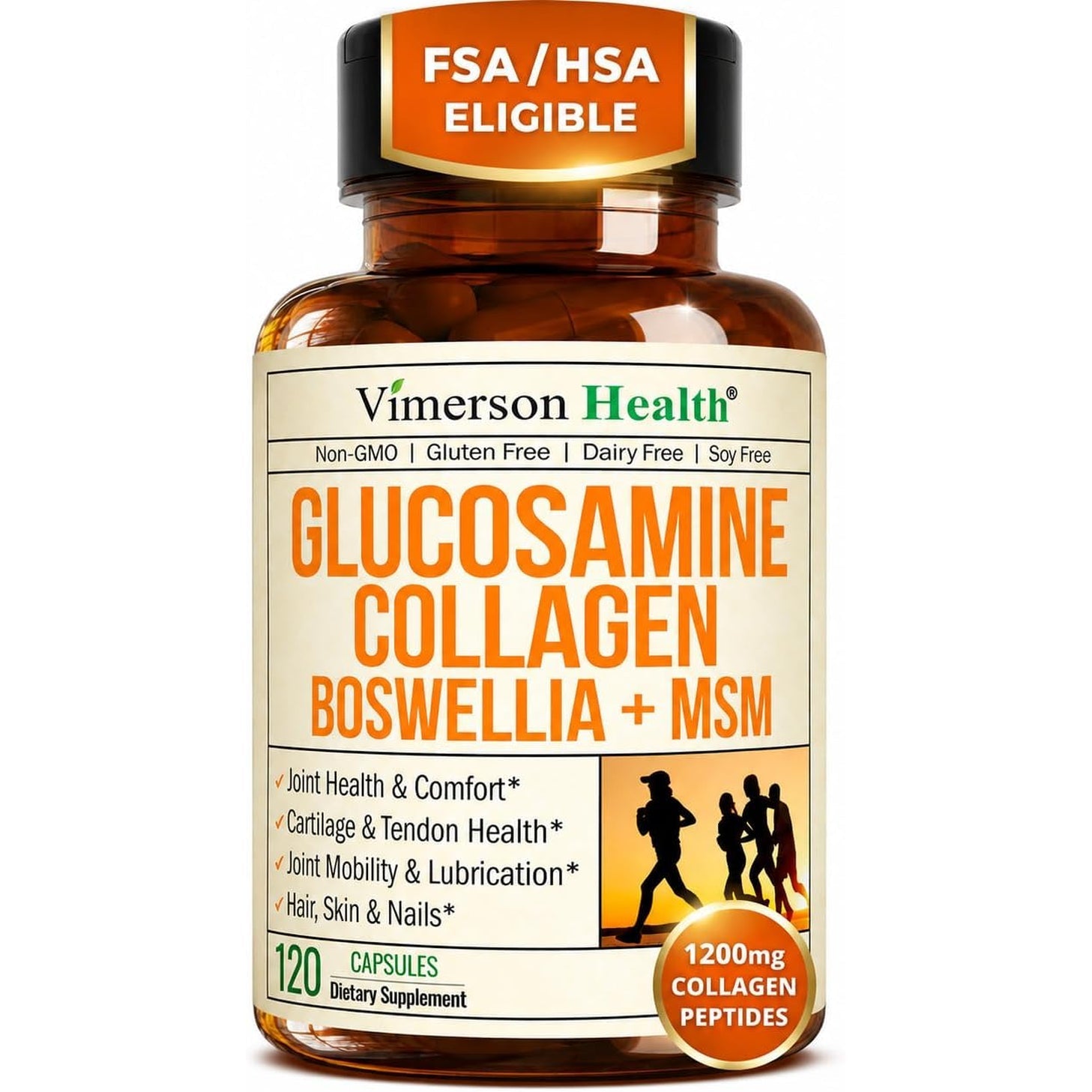Glucosamine Chondroitin with 1200Mg Hydrolyzed Collagen Peptides, Boswellia Extract, Quercetin, Bromelain, MSM – Hair Skin Nails and Joint Supplement for Women & Men – FSA Eligible 120 Capsules
