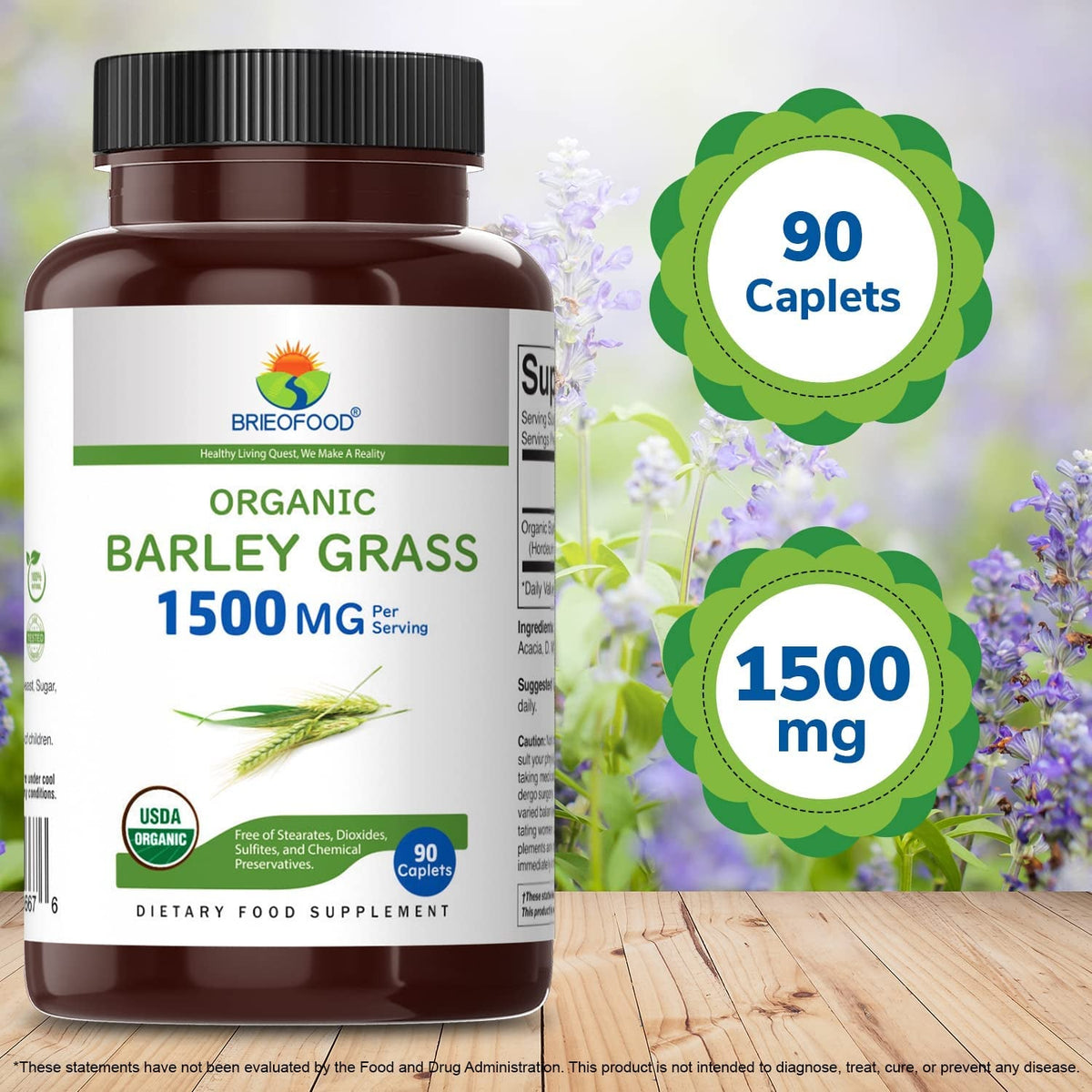Brieofood Organic Barley Grass 1500Mg, 45 Servings, Vegetarian, Gluten Free, 90 Vegetarian Tablets