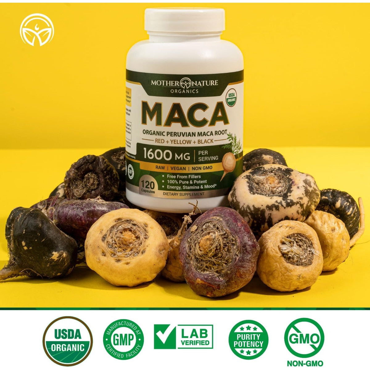 Mother Nature Organic Maca Root Capsules – 1600Mg, 120 Vegan Capsules – Non GMO Peruvian Yellow, Red & Black Maca for Men & Women - Energy, Hormone, Brain & Weight Well-Being