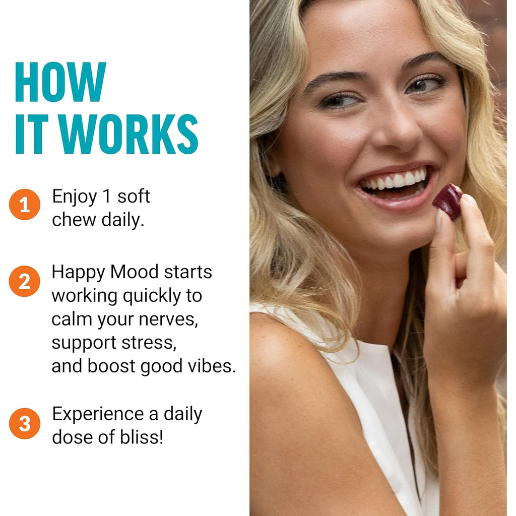 Force Factor Happy Mood, Mood Support and Balance Supplement to Support Happiness, Positivity, and Stress, Made with Magnesium, Saffron, Zembrin, Non-Gmo, Tropical Fruit Flavor, 30 Soft Chews
