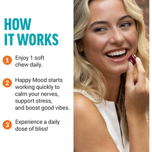 Force Factor Happy Mood, Mood Support and Balance Supplement to Support Happiness, Positivity, and Stress, Made with Magnesium, Saffron, Zembrin, Non-Gmo, Tropical Fruit Flavor, 30 Soft Chews