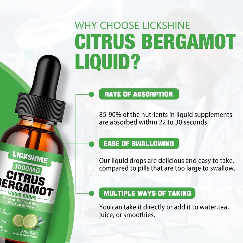Lickshine 2 Pack 3000Mg Citrus Bergamot Liquid Drops - High Absorption - Cholesterol Lowering Supplement for Immune Support Anti-Aging, Hight Cholesterol - Soursop Bitters Liquid, 4 Fl Oz