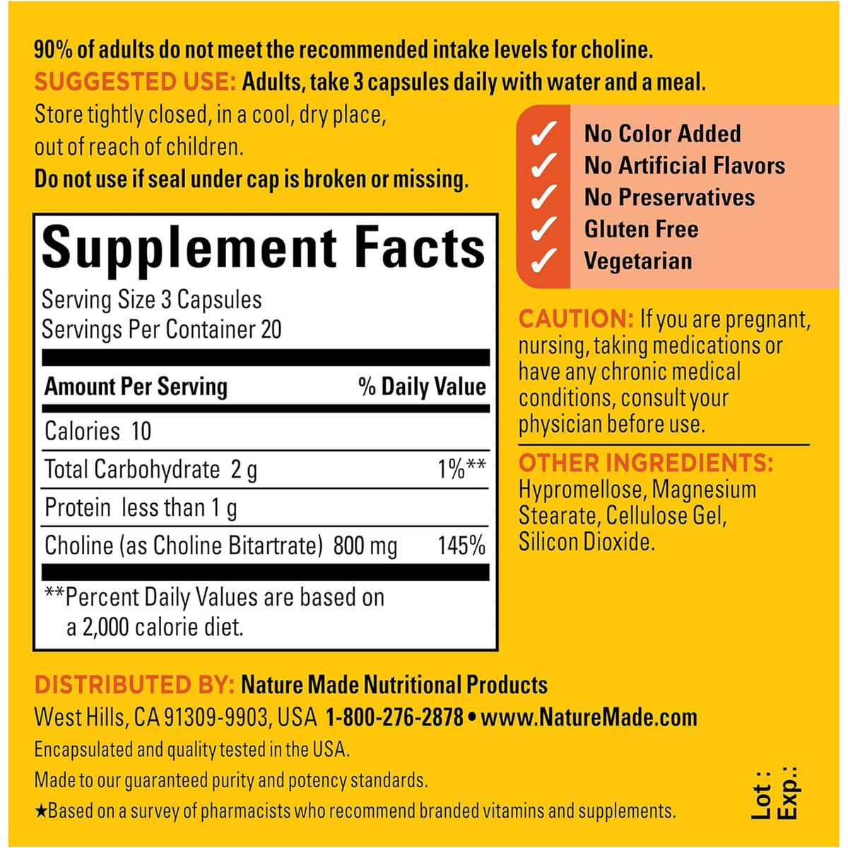 Nature Made Extra Strength Dosage Choline Supplements 800 Mg per 3 Capsules, Brain Health, Mood, Muscle & Liver Support, Vegetarian, 60 Capsules, 20 Day Supply