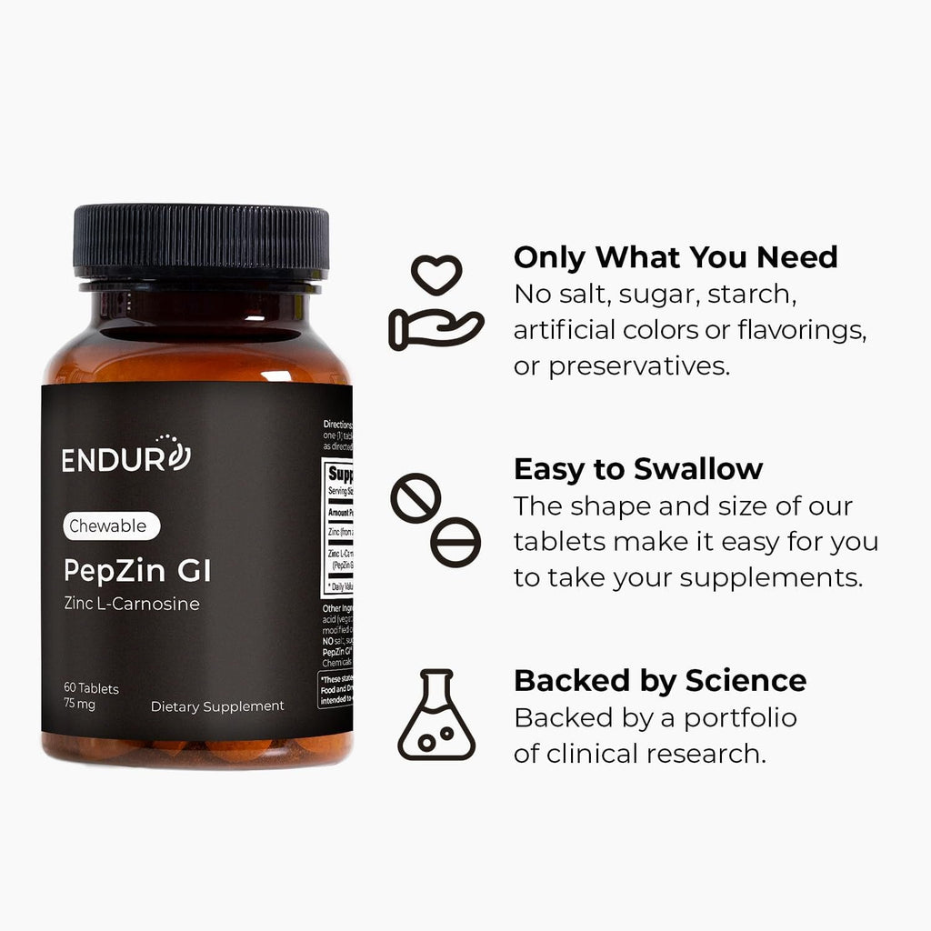 Endur Pepzingi ZINC-CARNOSINE Chewables, Digestive Supplement, Gentle & Effective Formula for Digestive Wellness, Gluten Free, 75Mg (60 Tablets)