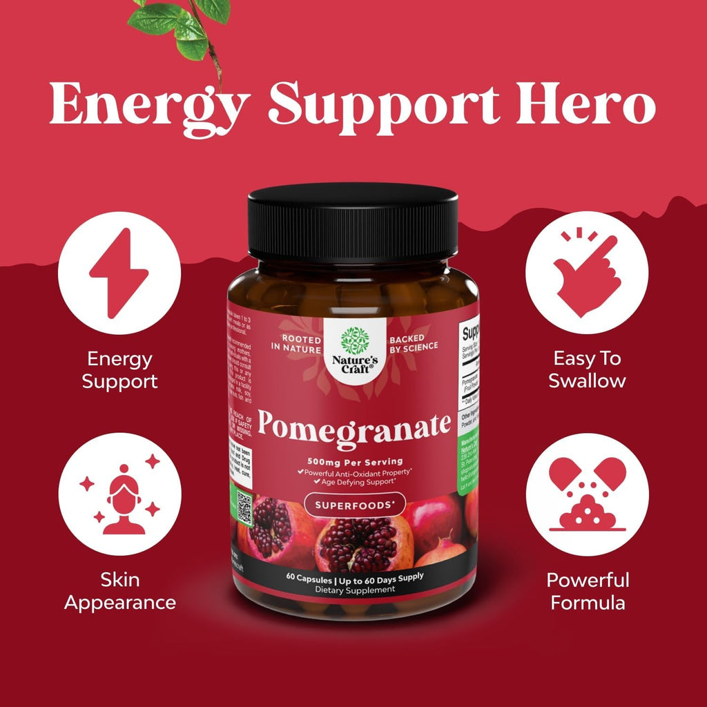 Advanced Pomegranate Extract Capsules - Powerful Antioxidant & Healthy Heart Support - Easy to Swallow Pomegranate Supplement - Superfood for Energy & Gut Health Support - Third Party Tested - 60 Ct
