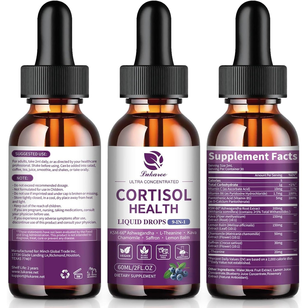 Cortisol Supplements for Women, Cortisol Reducer Manager Detox with KSM-66® Ashwagandha, Kava, Lemon Balm & Vitamin C B5 B6, Lower Cortisol, Hormone Harmony Liquid Drops, 2 FL.OZ, Blueberry Flavor