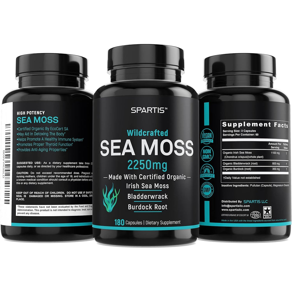 SPARTIS Certified Organic Sea Moss Capsules 2250Mg Wildcrafted Irish Sea Moss Burdock Root Bladderwrack Supplement Raw Seamoss Pills & Powder (Pack of 1 at 180-Caps)