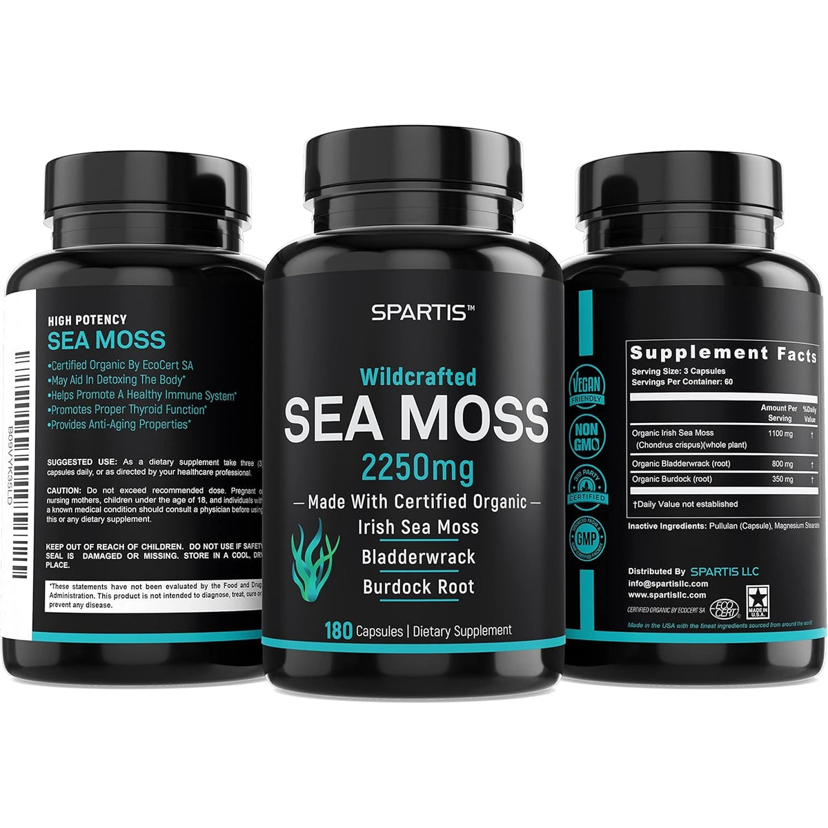 SPARTIS Certified Organic Sea Moss Capsules 2250Mg Wildcrafted Irish Sea Moss Burdock Root Bladderwrack Supplement Raw Seamoss Pills & Powder (Pack of 1 at 180-Caps)