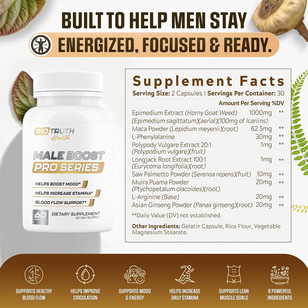Male Boost PRO Series - the Ultimate Male Supplement - Pills for Men Fast Acting Blood Flow for Manhood, Muscle, Strength, Stamina - Overall Test Level Support - Hornygoatweed + 8 More - 60 Capsules
