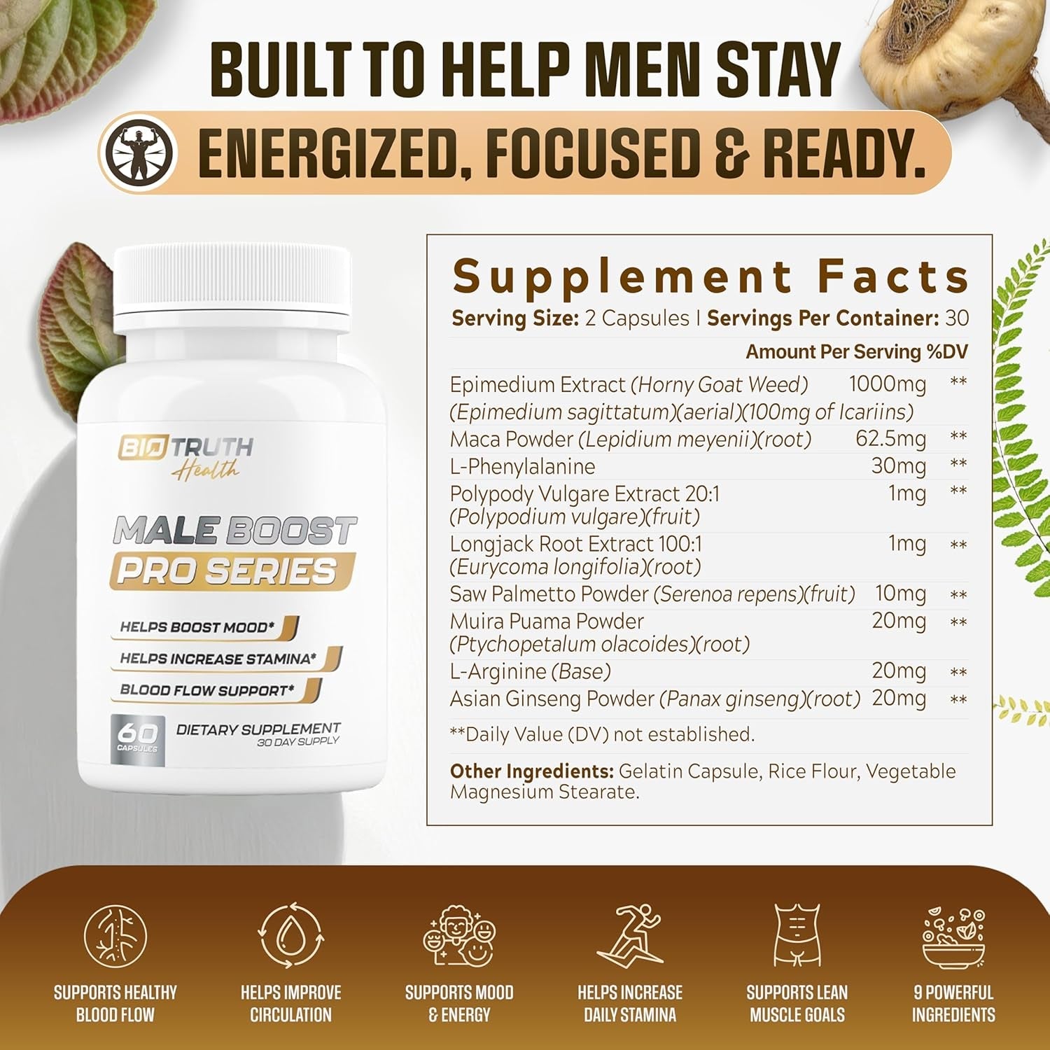 Male Boost PRO Series - the Ultimate Male Supplement - Pills for Men Fast Acting Blood Flow for Manhood, Muscle, Strength, Stamina - Overall Test Level Support - Hornygoatweed + 8 More - 60 Capsules