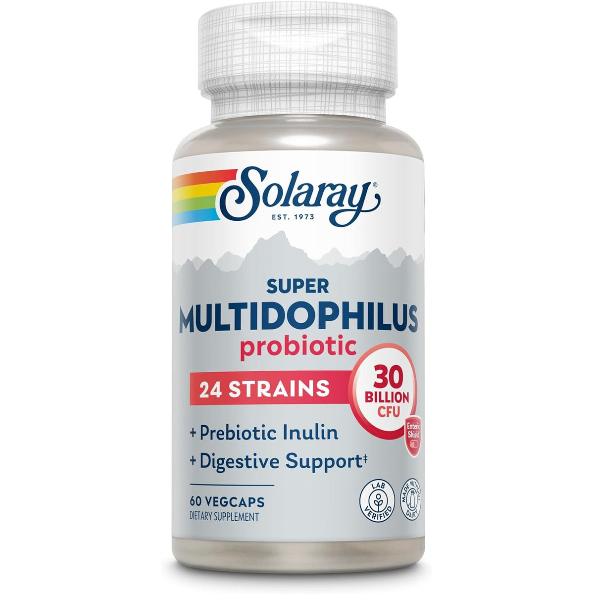 SOLARAY Multidophilus 24 Strain Probiotic 30 Billion CFU, Probiotics for Digestive Health for Women and Men, Daily Gut Health Support Complex with Prebiotic Inulin, No Dairy 60 Vegcaps