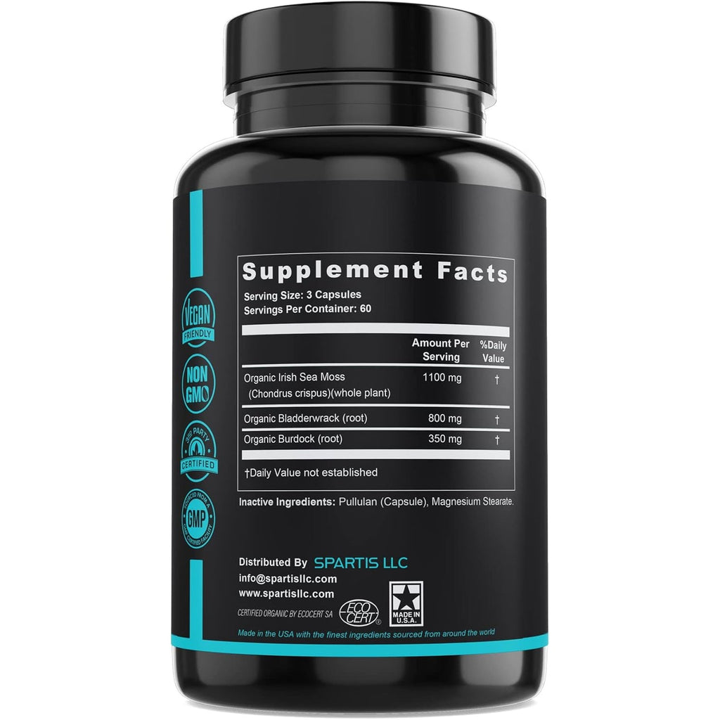 SPARTIS Certified Organic Sea Moss Capsules 2250Mg Wildcrafted Irish Sea Moss Burdock Root Bladderwrack Supplement Raw Seamoss Pills & Powder (Pack of 1 at 180-Caps)