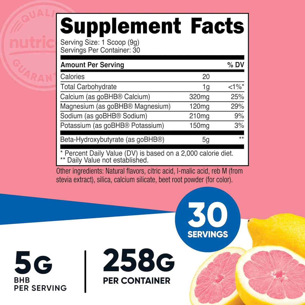 Nutricost BHB Salts Drink Mix (30 Servings, Strawberry Lemonade Flavored) (5G BHB per Serving) - 0G Total Sugars, Vegetarian Product