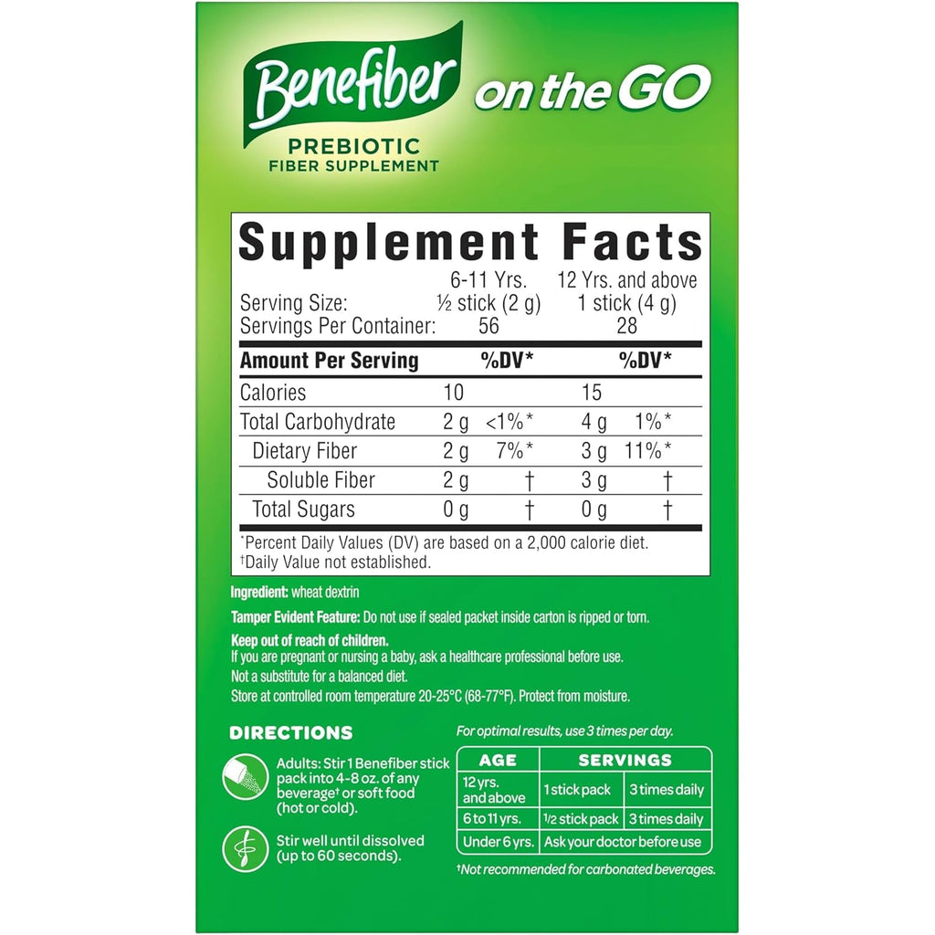 Benefiber on the Go Prebiotic Fiber Supplement Powder for Digestive Health, Daily Fiber, Unflavored - 28 Sticks (3.92 Ounces)