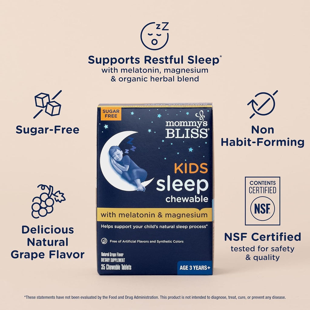 Mommy'S Bliss Kids Sleep Chewable Tablets, Melatonin, Magnesium & Calming Herbs, Grape Flavor, Sugar Free Kids Melatonin, Age 3+ (35 Servings), 35 Count (Pack of 1)