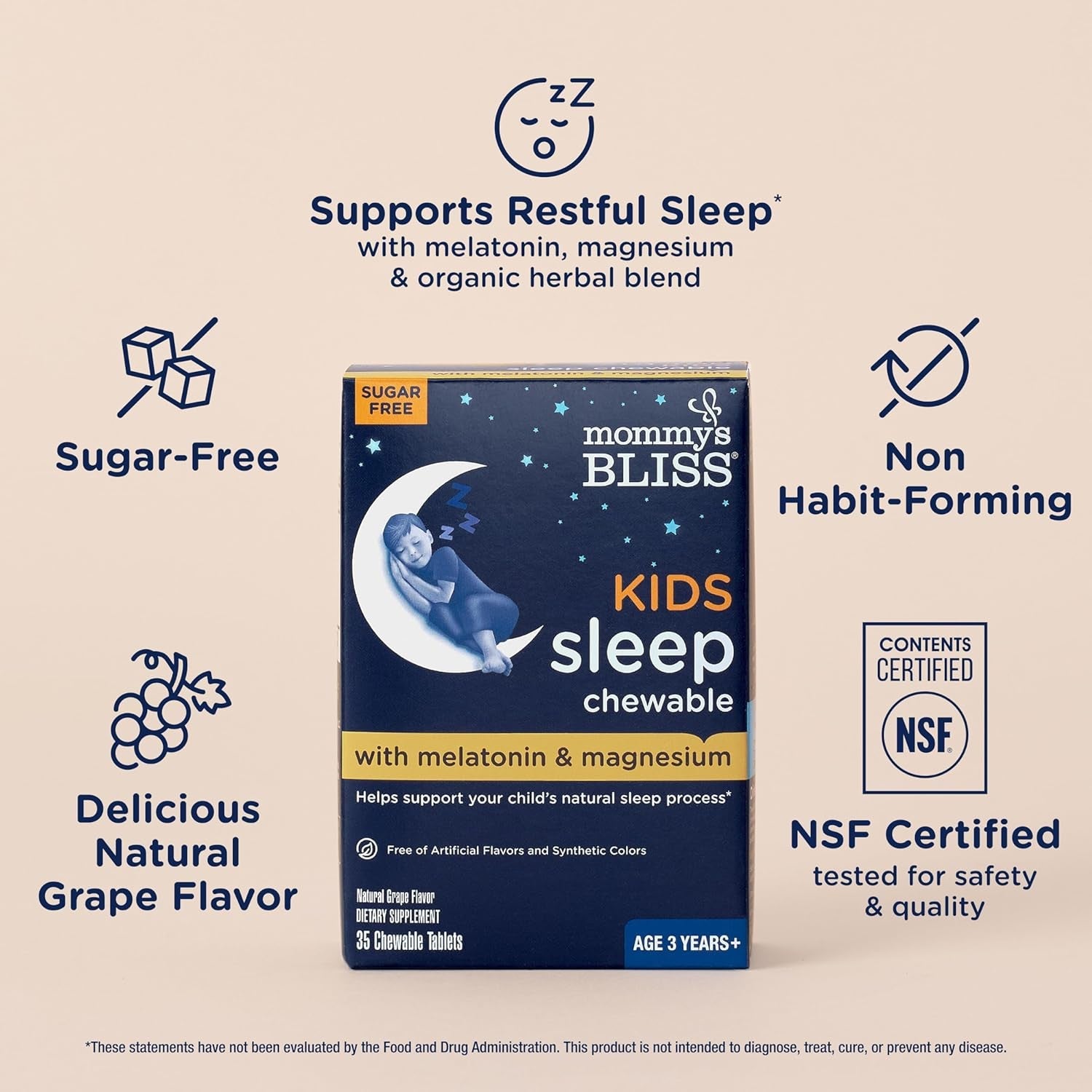 Mommy'S Bliss Kids Sleep Chewable Tablets, Melatonin, Magnesium & Calming Herbs, Grape Flavor, Sugar Free Kids Melatonin, Age 3+ (35 Servings), 35 Count (Pack of 1)