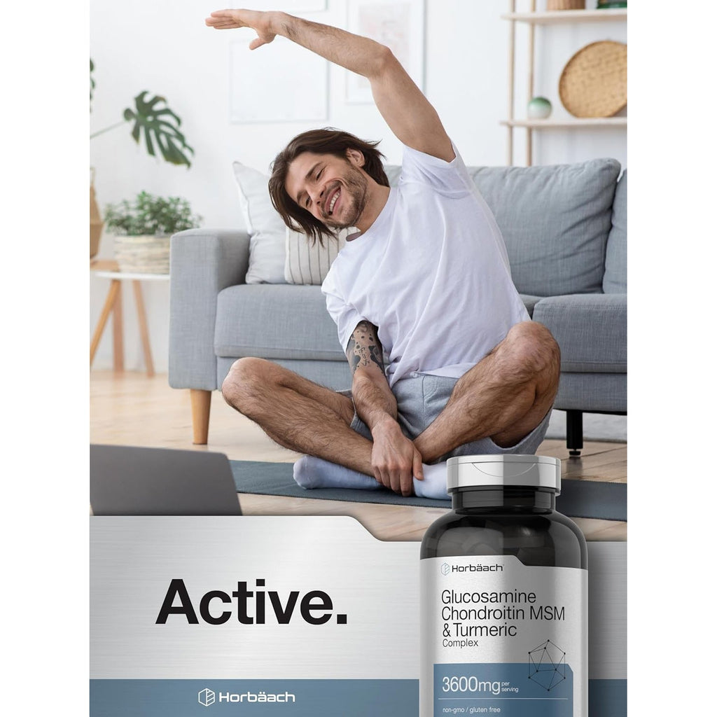 Horbäach Glucosamine Chondroitin MSM | 360 Caplets | Advanced Formula with Turmeric | Non-Gmo, Gluten Free