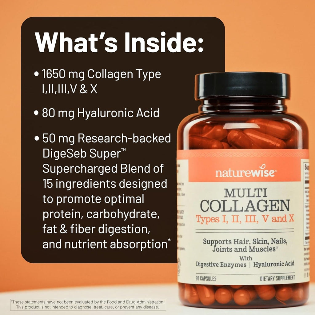 Naturewise Multi Collagen Peptides Pills for Women & Men - Type I, II, III, V, X W/Hyaluronic Acid - Supports Skin, Hair, Joint Health* - Grass Fed, Gluten Free, Non-Gmo - 90 Capsules[30 Day Supply]