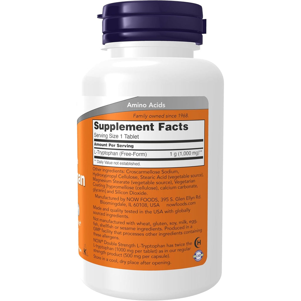 NOW Foods Supplements, L-Tryptophan 1,000 Mg, Double Strength, Encourages Positive Mood*, Supports Relaxation*, 60 Tablets