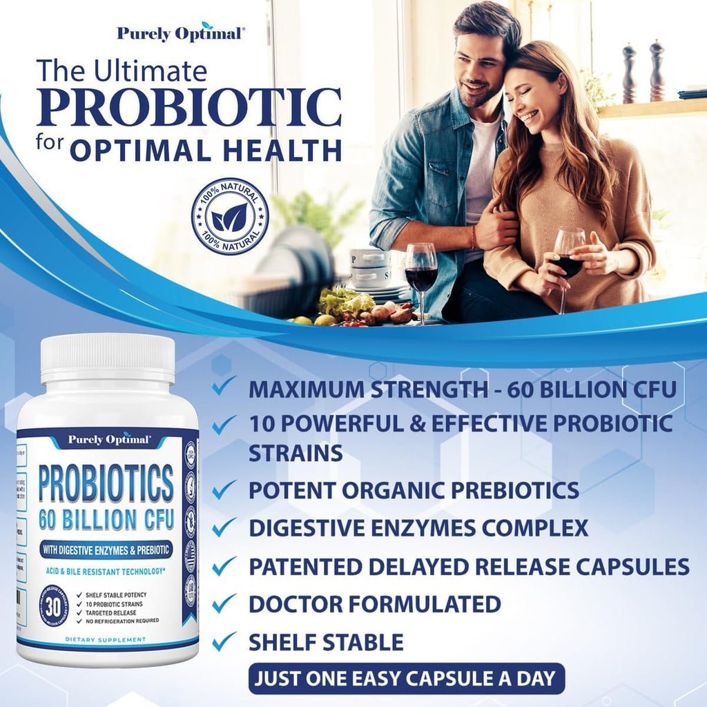 Purely Optimal Probiotics for Digestive Health, 60 Billion CFU – Delayed-Release with Digestive Enzymes & Organic Prebiotics – Bloating, Immune & Energy Support, 30 Caps