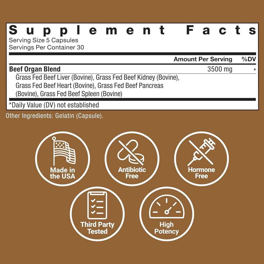 Force Factor Primal Origins Grass-Fed Beef Organs, Pasture-Raised Supplement with Liver, Kidney, Heart, Pancreas & Spleen, Hormone & Antibiotic Free, Non-Gmo, 3500Mg, 150 Capsules