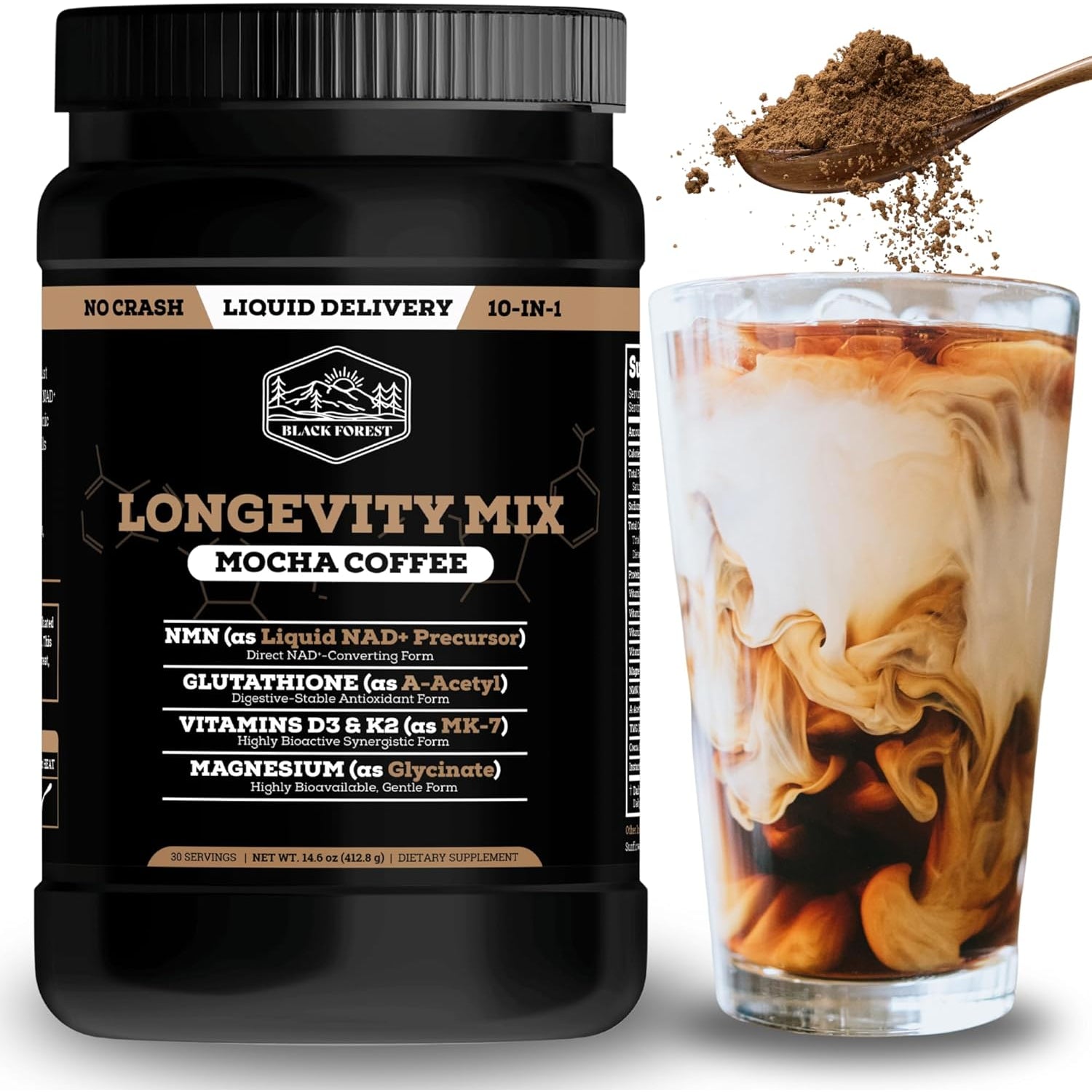 Black Forest Longevity Mix Liquid NAD+ Alternative Mocha Coffee 10-In-1 with NMN 250Mg, Glutathione 250Mg, TMG, Magnesium Glycinate, Vitamins D3 K2 C B12, High Polyphenol Cocoa, 30 Servings