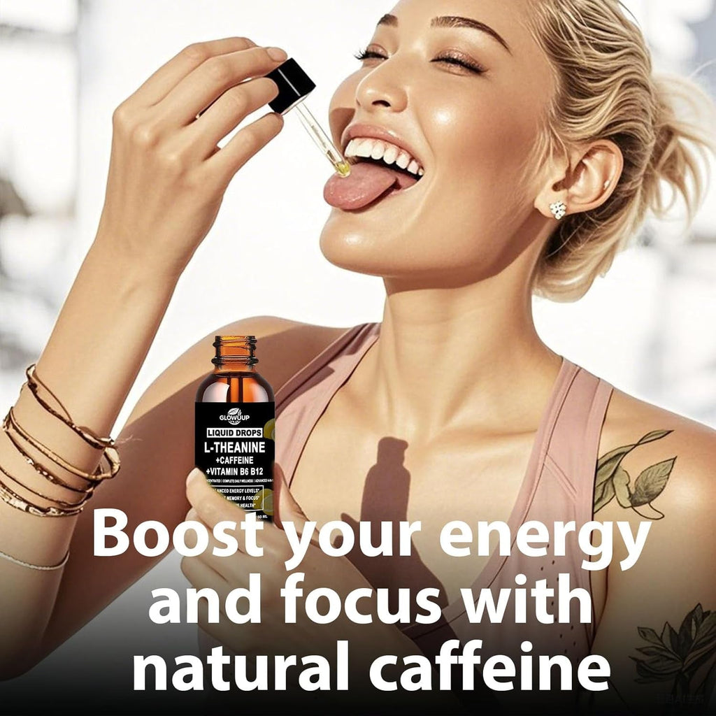 L-Theanine Supplement with Caffeine, Organic Liquid Caffeine 50Mg W. L-Theanine 100Mg, Vitamin B12 B6 for Focused Energy, Alertness & Recess Mood, Nootropic Brain Drops for Women & Men丨30 Days Supply