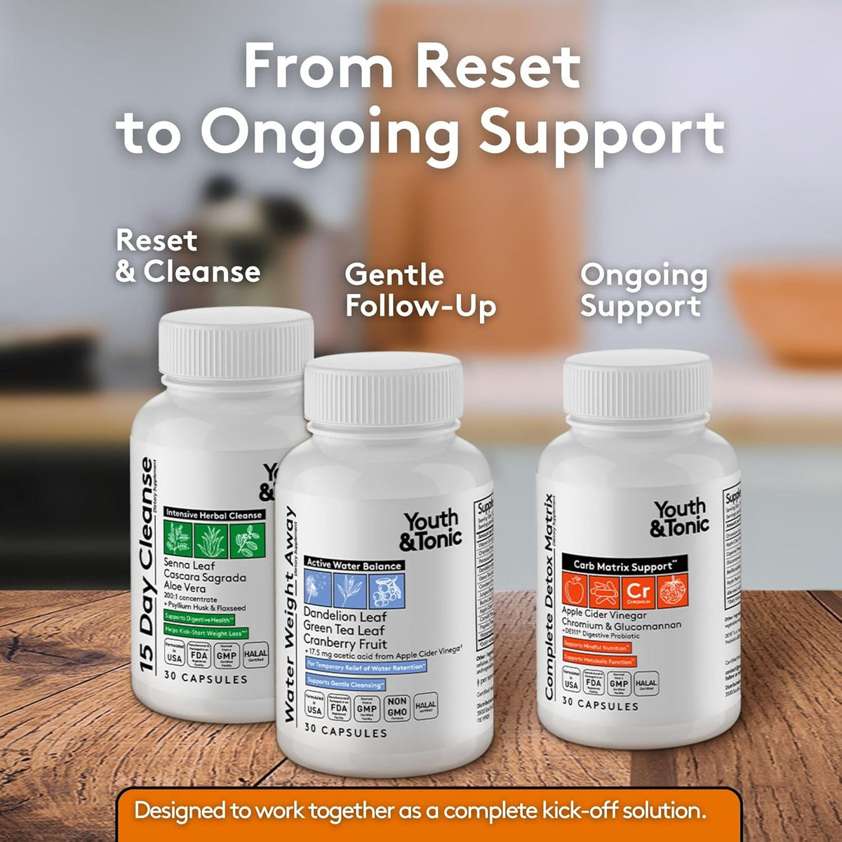Youth & Tonic 3Pk Detox Cleanse Kick-Off - Colon Cleanser & Water Loss Support - 15 Day Weight Management for Bloating & Water Retention Relief, Body, Gut & Colon Cleanse - 90 Capsules for Women & Men