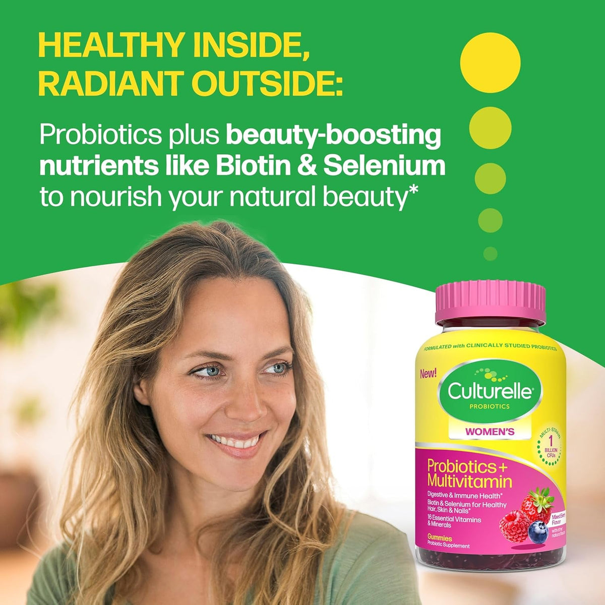 Culturelle® Women’S Probiotics + Multivitamins, Supports Digestive and Immune Health, Biotin & Selenium for Healthy Hair, Skin, Nails – 60 Gummies