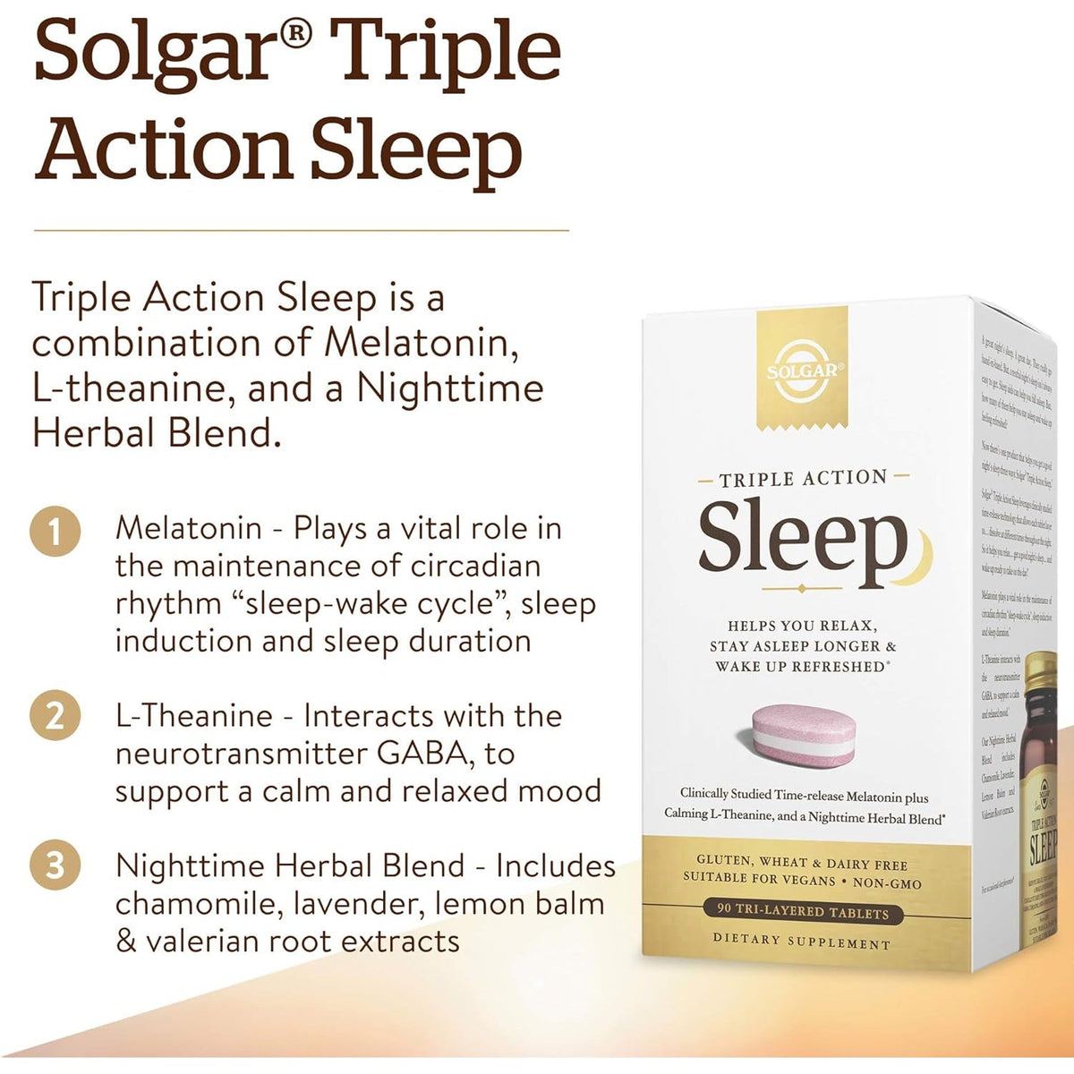 Solgar Triple Action Sleep, 90 Tri-Layer Tablets - Time-Release Melatonin & L-Theanine plus Herbal Blend - Helps You Relax - Non-Gmo, Gluten Free - 90 Servings