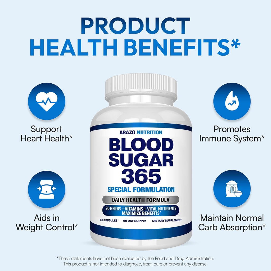 Arazo Nutrition Blood Sugar 365 Supplement – Supports Healthy Energy Levels - 120 Herbal Pills - 60 Day Supply
