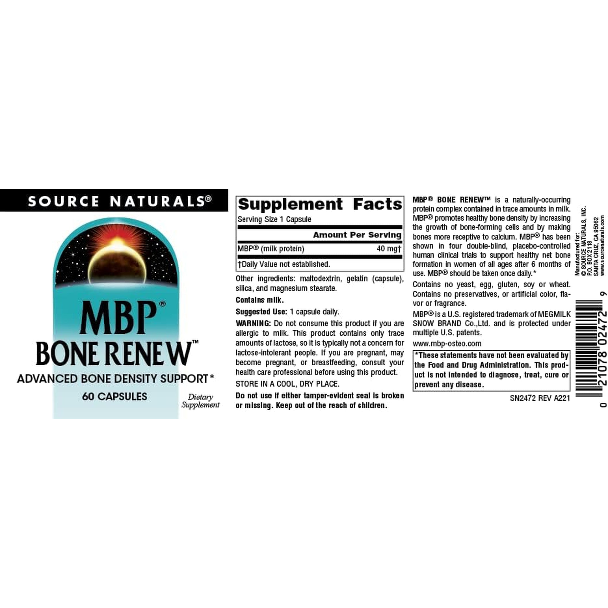 Source Naturals MBP Bone Renew, Milk Protein for Advanced Density Support* - 60 Capsules