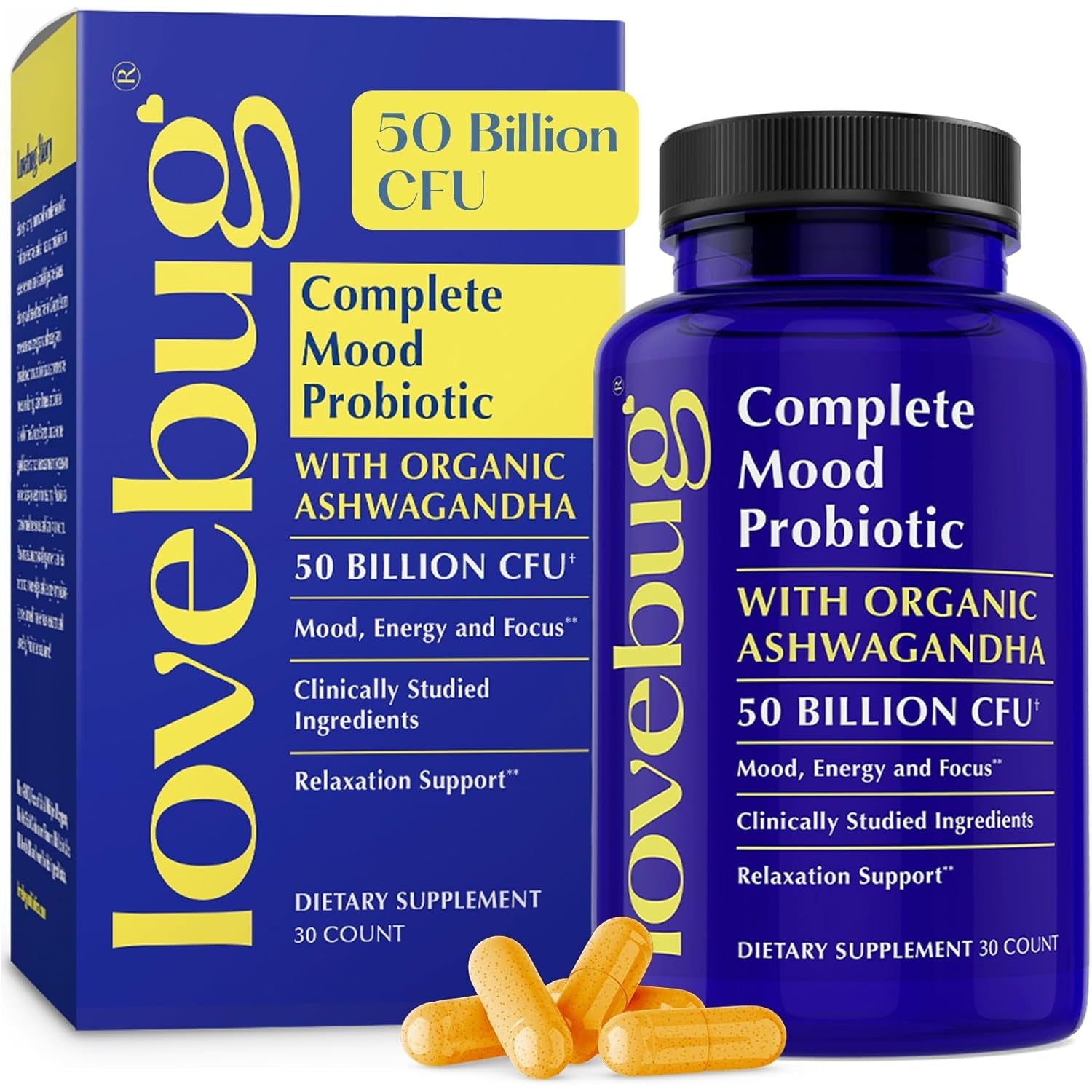 LOVEBUG Complete Mood Probiotic | 10 Clinically Studied Probiotic Strains & Patented Organic Ashwagandha for Cortisol and Serotonin Support | Natural Energy | Adaptogenic Stress-Defense | 30 Count