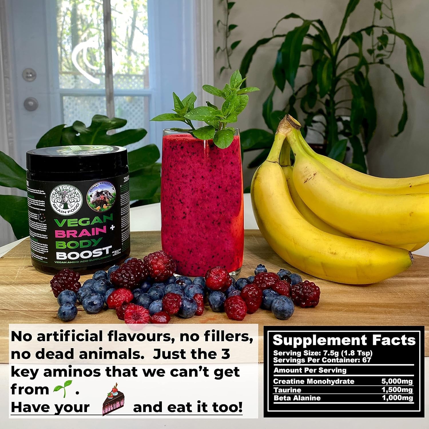 Vegan Brain & Body Boost: the Cherry on Top of a Plant-Based Lifestyle | Working Intelligence | Anti-Aging | Physical Fitness | Vegan Amino Acids - Creatine, Taurine & Beta Alanine | 67 Servings/500G