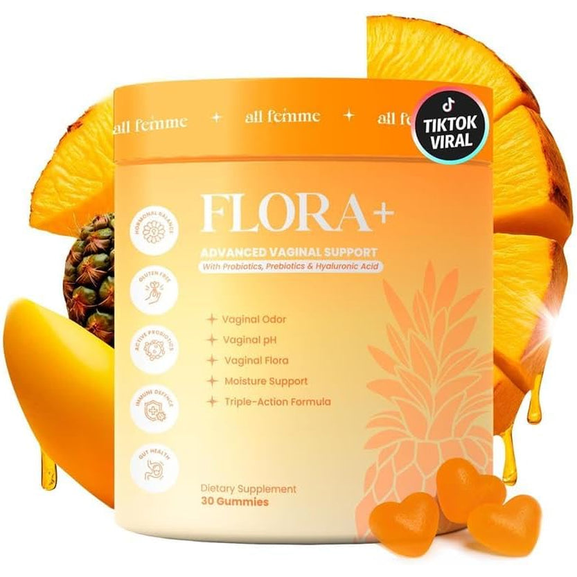 Flora+ Women’S Vaginal Probiotic Gummies for Ph Balance, Odor and Freshness Support with Prebiotics & Hyaluronic Acid, Sugar Free Pineapple, Vegan Non-Gmo | 30 Gummies
