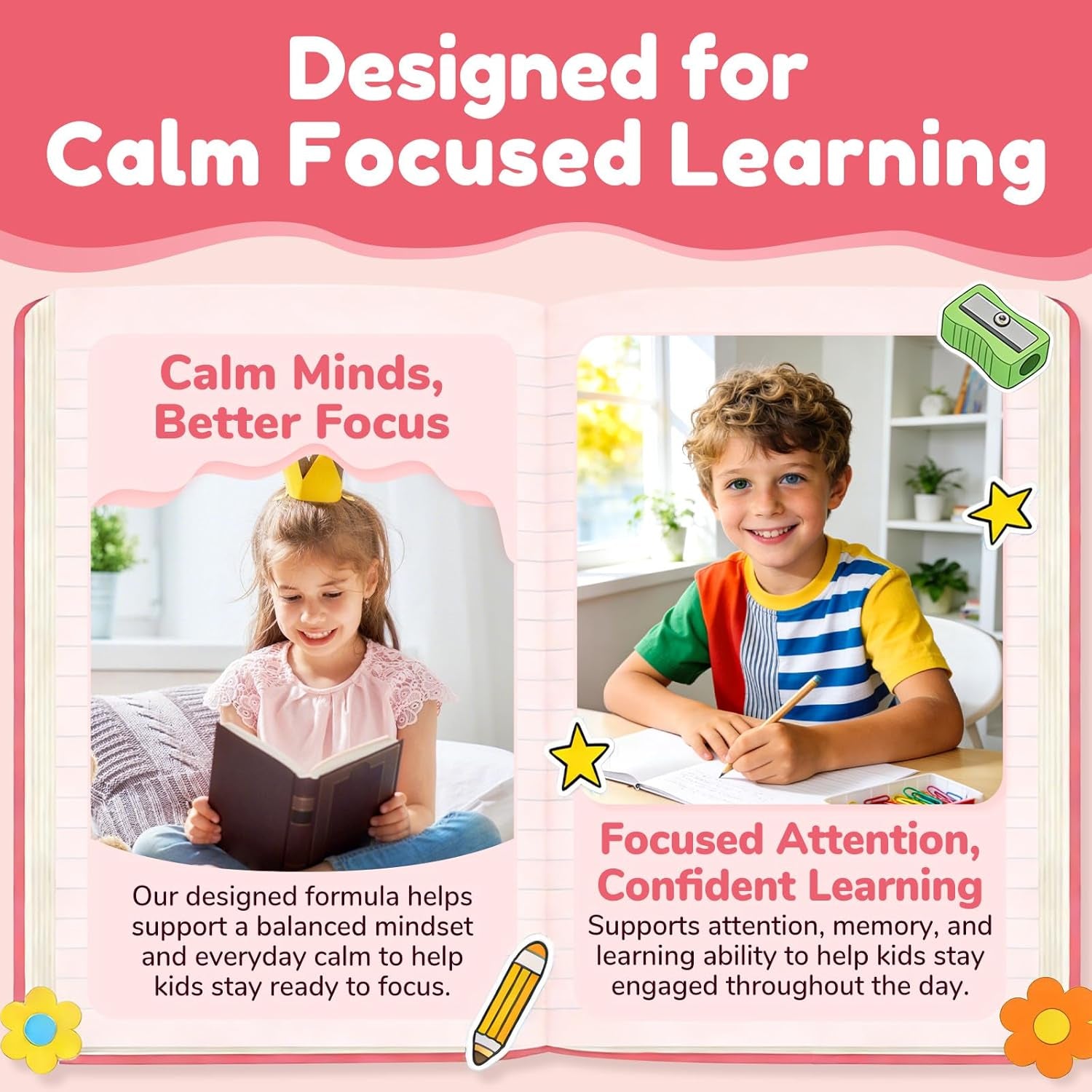 Focus Gummies for Kids, Brain Supplements with Phosphatidylserine, Omega-3 & Saffron, for Kids Memory, Focus & Attention Support, Sugar Free, Vegan, Strawberry Flavor, 60 Chewable