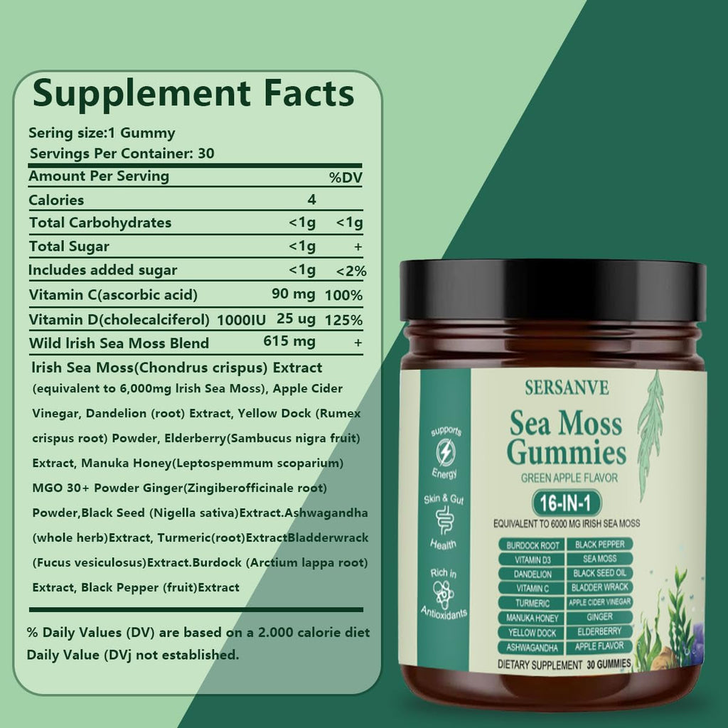 Sea Moss Gummies 16-In-1, with Black Seed Oil, Ashwagandha & Elderberry | Organic Irish Sea Moss Supplement for Men & Women | Daily Support with Manuka, Burdock Root & Vitamins C & D3, 30 Gummies