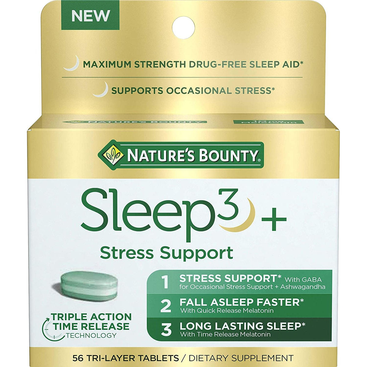 Nature'S Bounty Stress Support plus Melatonin, Sleep3 Maximum Strength 100% Drug Free Sleep Aid, Dietary Supplement with Ashwagandha, Time Release Technology, 10Mg, 56 Tri-Layered Tablets