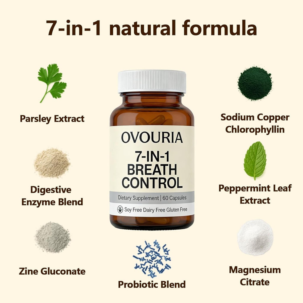 Ovouria Breath and Gut Balance - 7-In-1 Breath Control, Targets Bad Breath at the Gut Root, Natural Ingredients with Probiotics, Vegan Gluten-Free, 60 Capsules(1Pc)