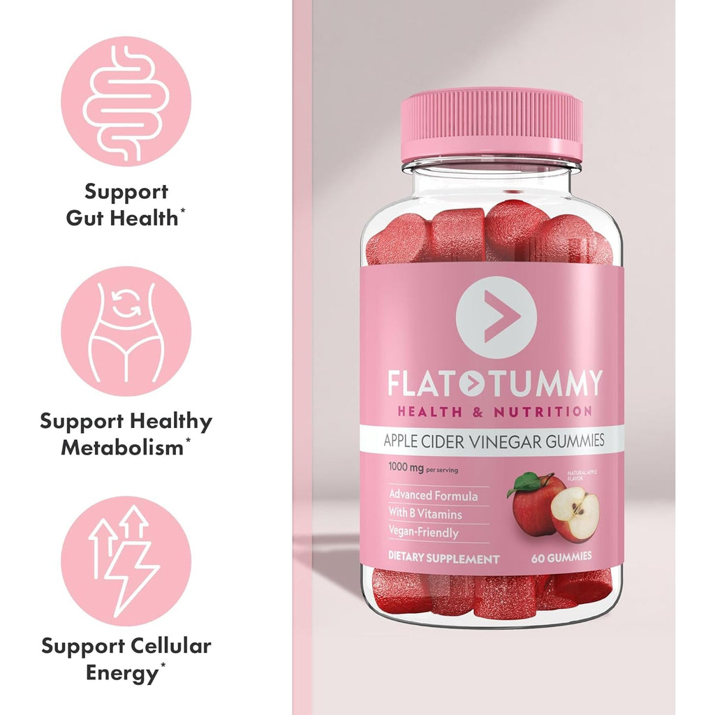 Flat Tummy Apple Cider Vinegar Gummies, 60 Count – ACV Gummies, Detox, Support Gut Health – Vegan-Friendly, Non-Gmo - Beet and Pomegranate Superfood Powders, Vitamins B6, B9 & B12