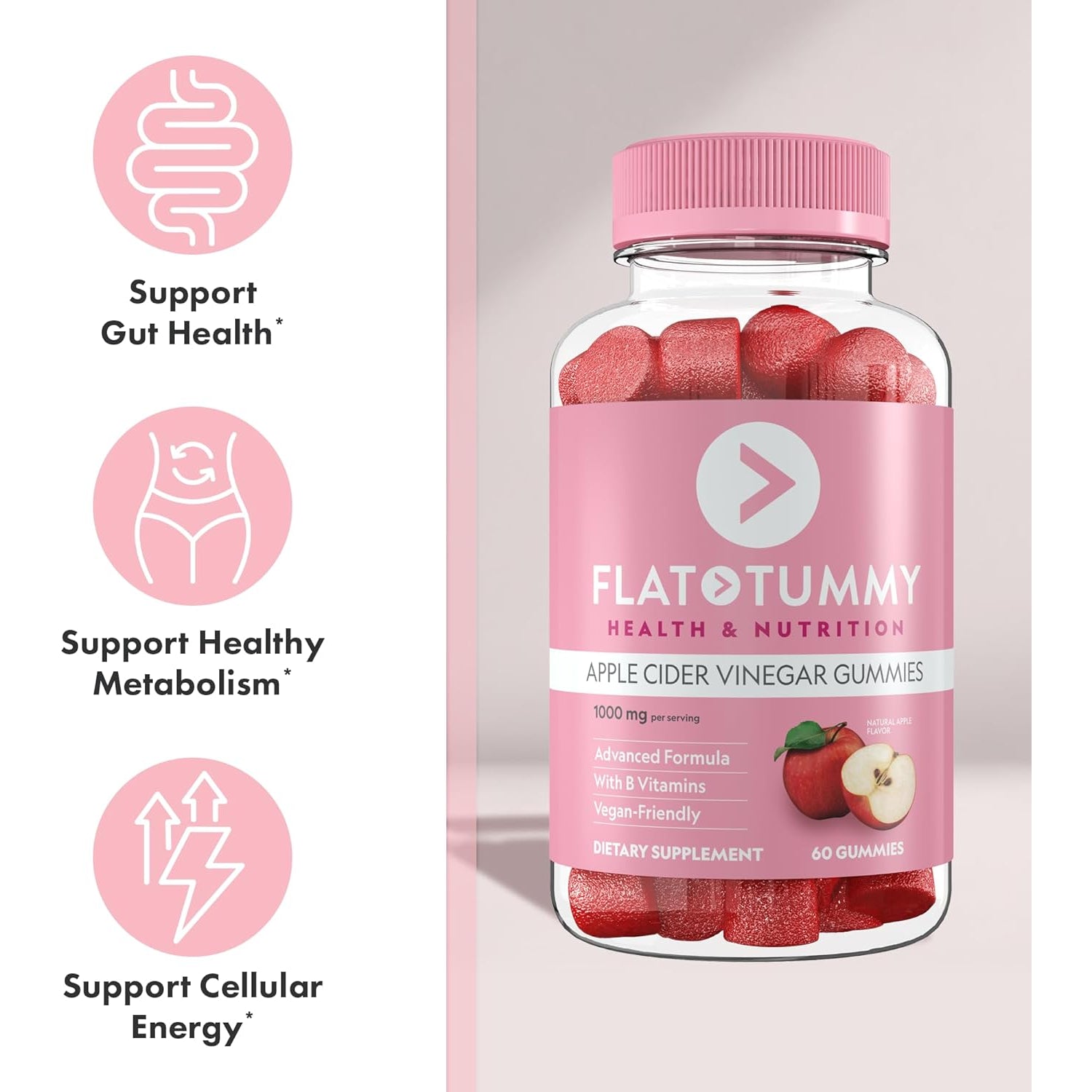 Flat Tummy Apple Cider Vinegar Gummies, 60 Count – ACV Gummies, Detox, Support Gut Health – Vegan-Friendly, Non-Gmo - Beet and Pomegranate Superfood Powders, Vitamins B6, B9 & B12