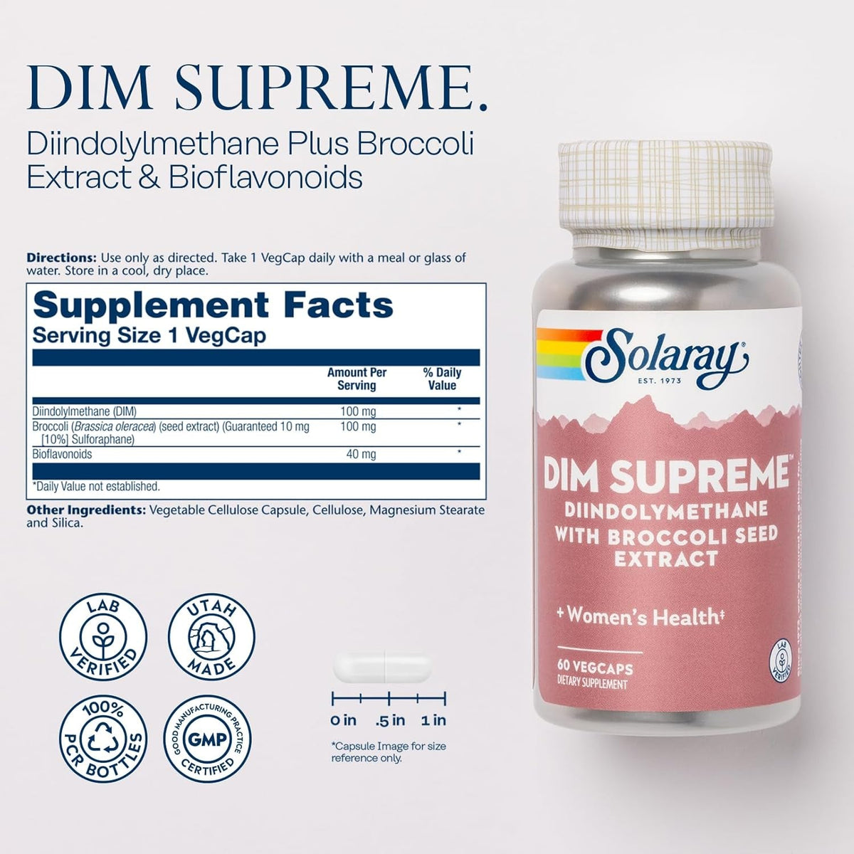 SOLARAY DIM Supreme - DIM Supplement 100Mg - Diindolylmethane DIM Complex with Broccoli Seed Extract and Bioflavonoids - Women'S Health and Balance Support - 60-Day Guarantee - 60 Servings, 60 Vegcaps