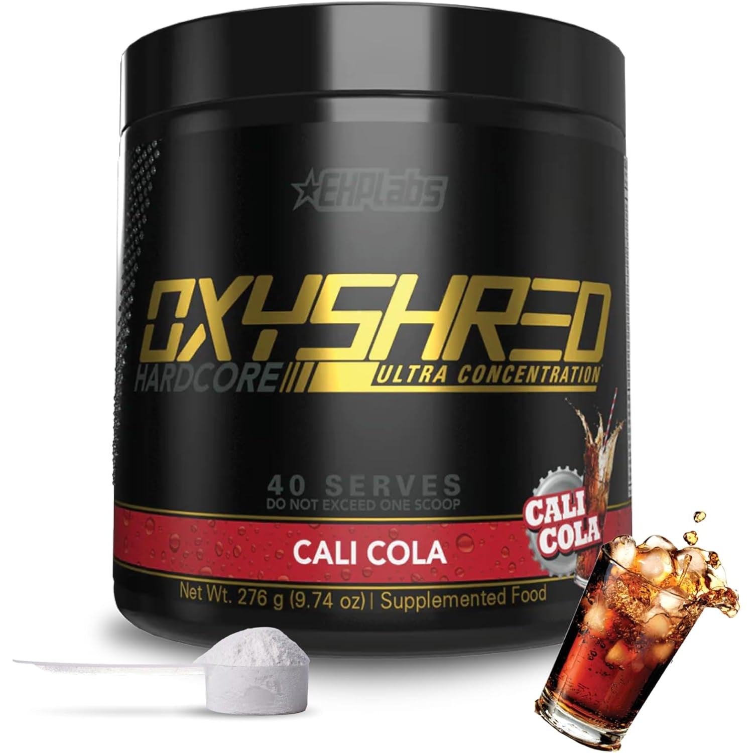 EHP Labs Oxyshred Hardcore Super Dosed Pre Workout Powder - Preworkout Powder with L Glutamine & Acetyl L Carnitine, Energy Boost Drink - 275Mg of Caffeine - Cali Cola, 40 Servings