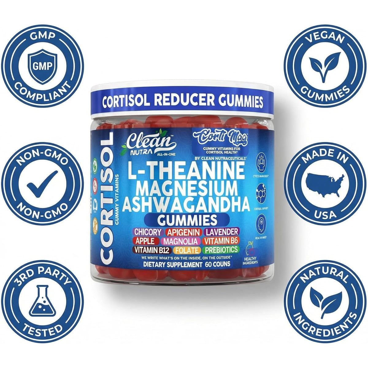 Clean Nutra Cortisol Supplement Gummies L-Theanine Magnesium Ashwagandha Apigenin Vitamin B6 Sleep and Calm Support Lavender Chicory Prebiotic Advanced Gummy Formula