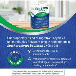 Florastor Advanced Gas and Bloat Probiotic, Digestive Enzymes and Botanicals, plus Probiotics for Digestive Health, 30 Capsules (Pack of 2)